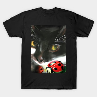 Cute Tuxedo Cat Nelson with Lady Bug Copyright TeAnne T-Shirt